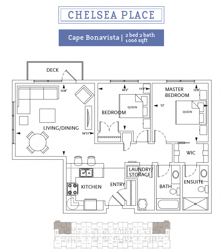 Floor plan for 2 beds, 1 bath, 827 sqft
